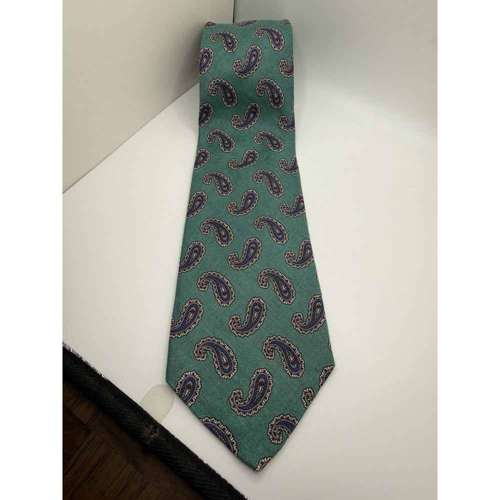 Robert Talbott Linen Tie Mens Green Paisley Nordstrom Hand Sewn Made in USA VTG